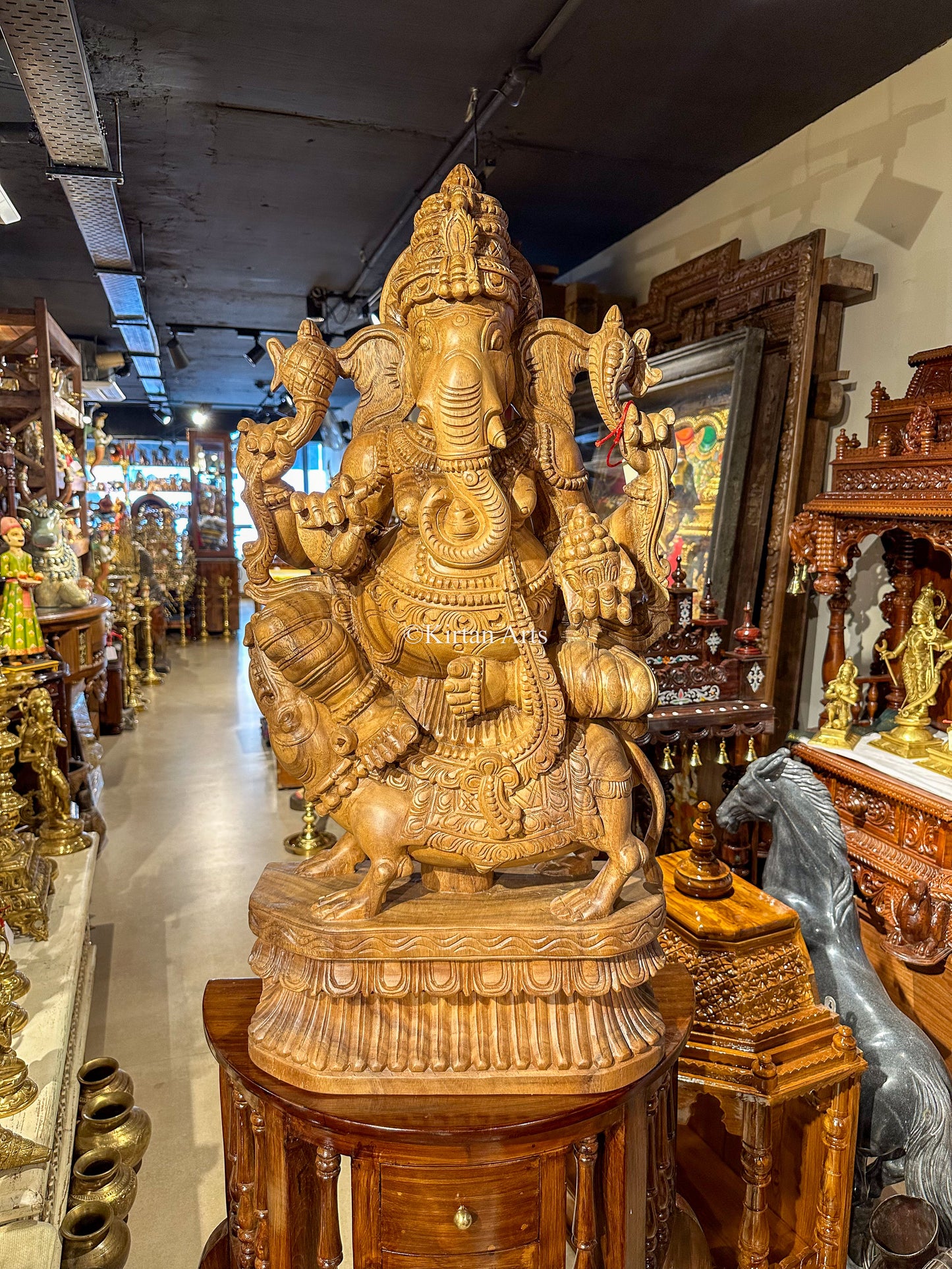 Wood Carved Lord Ganesha on Mushaka | 3ft