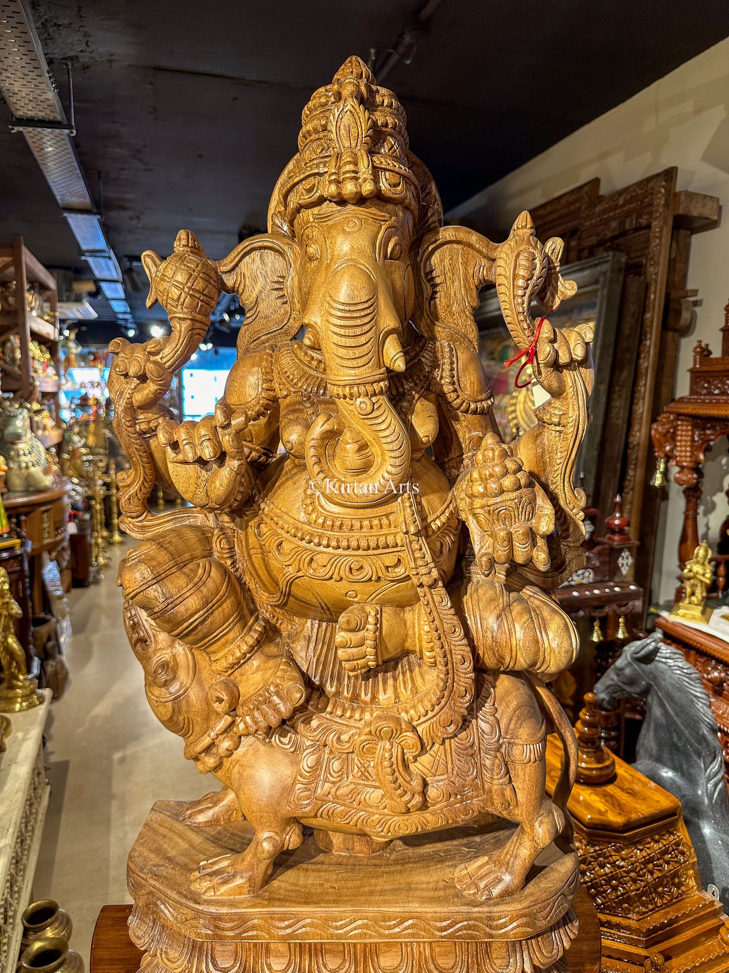 Wood Carved Lord Ganesha on Mushaka | 3ft