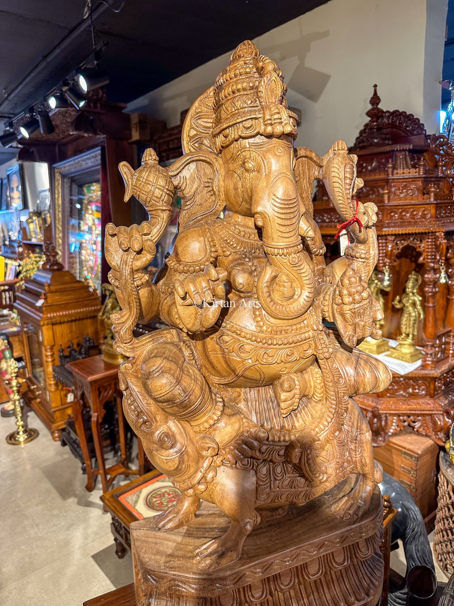 Wood Carved Lord Ganesha on Mushaka | 3ft