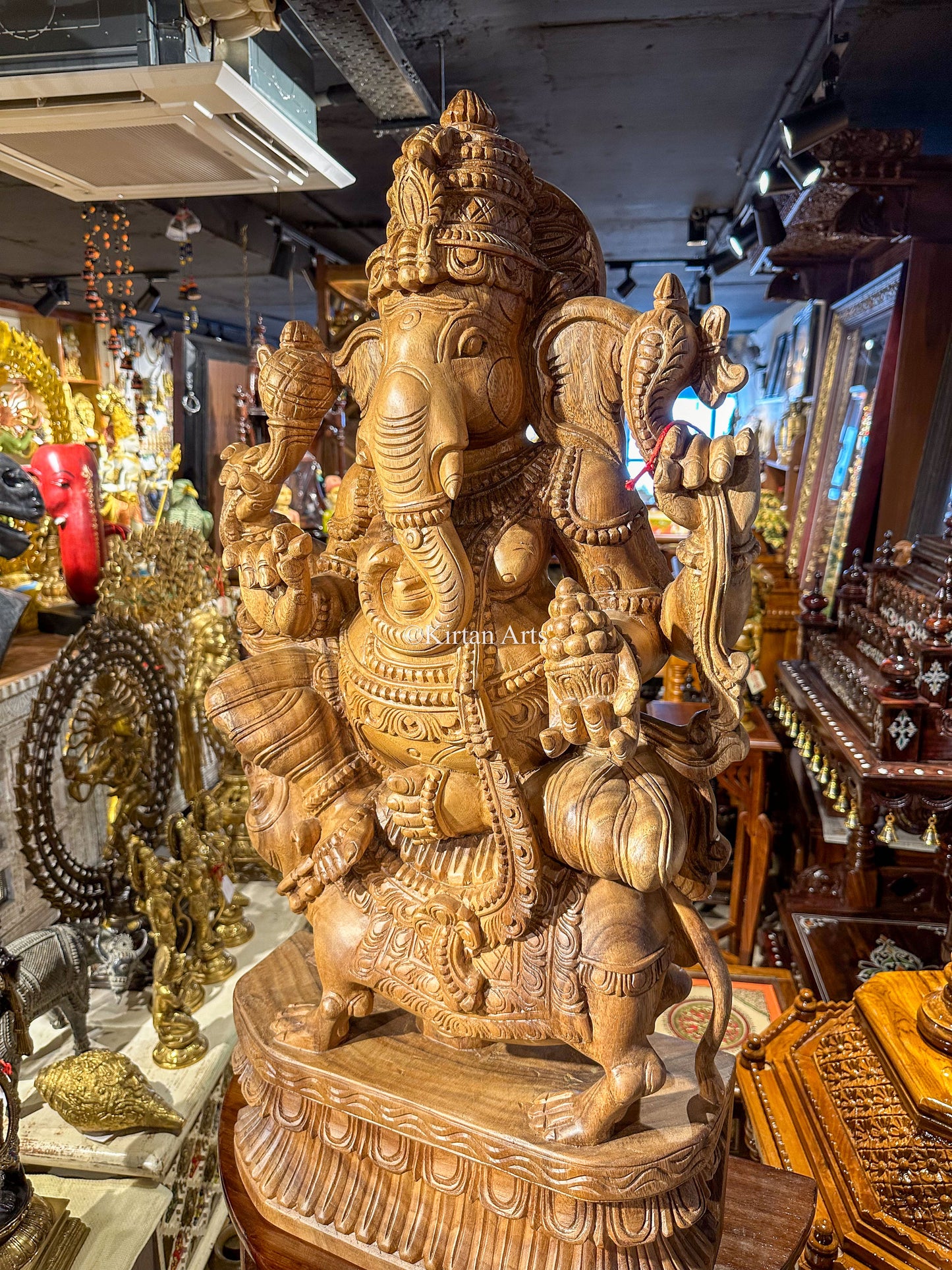 Wood Carved Lord Ganesha on Mushaka | 3ft