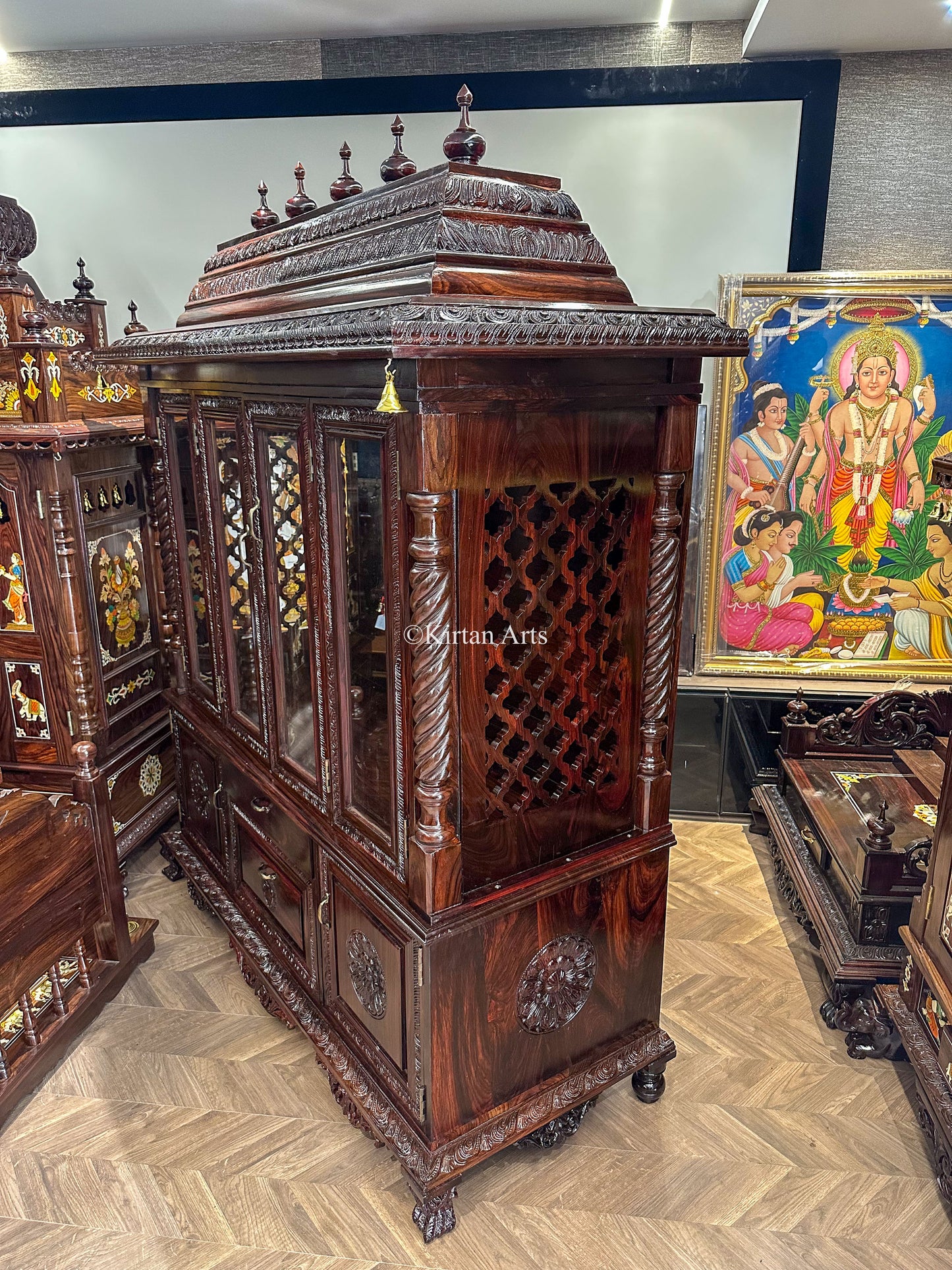 Rosewood Puja Mandir | Glass Doors | Storage | 5ft