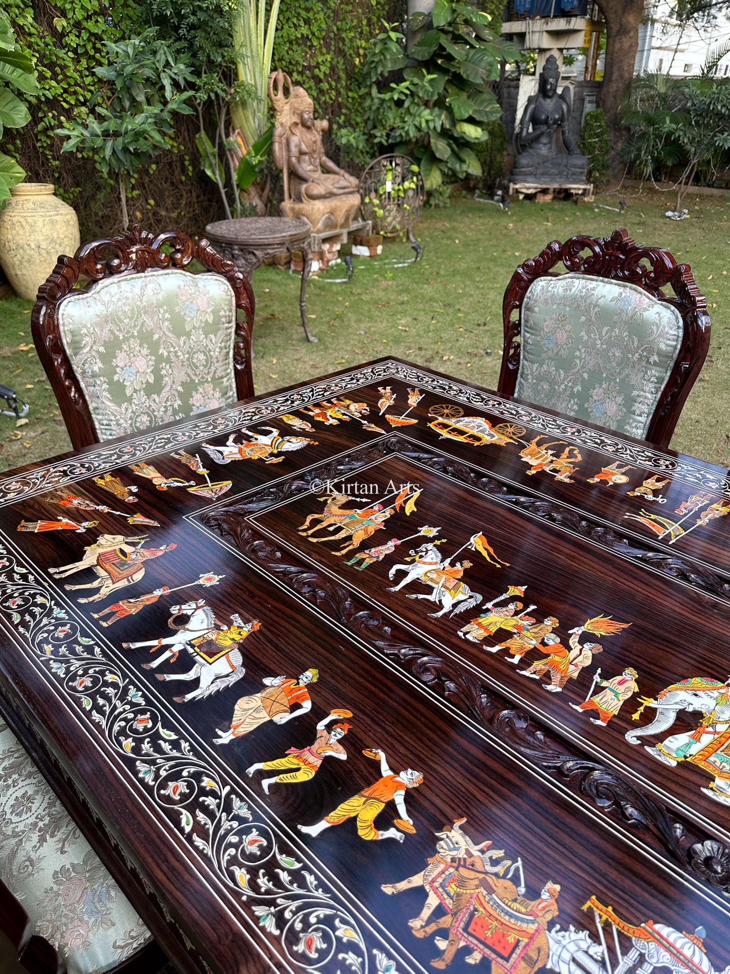 Rosewood Dining Table Set | 8 Seater | Royal Procession Inlay Work | Floral Carvings | 8x4 fft