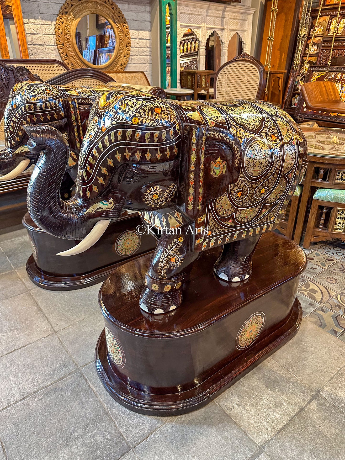 Rosewood Elephants w Pedestal | Brass Inlay | 37" | Pair