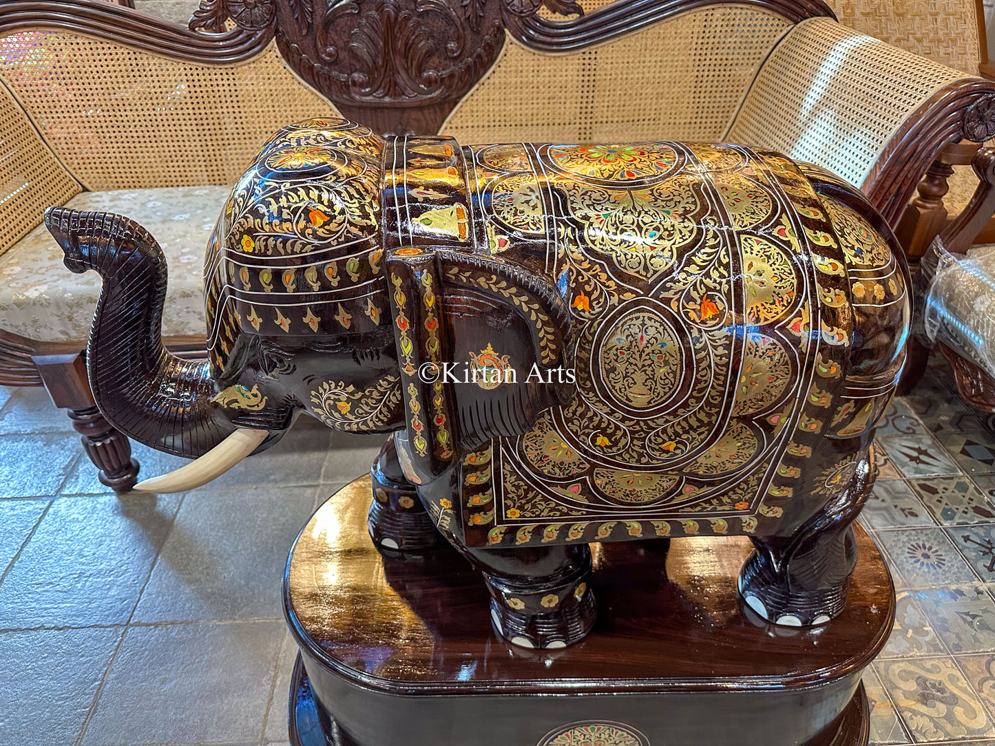 Rosewood Elephants w Pedestal | Brass Inlay | 37" | Pair