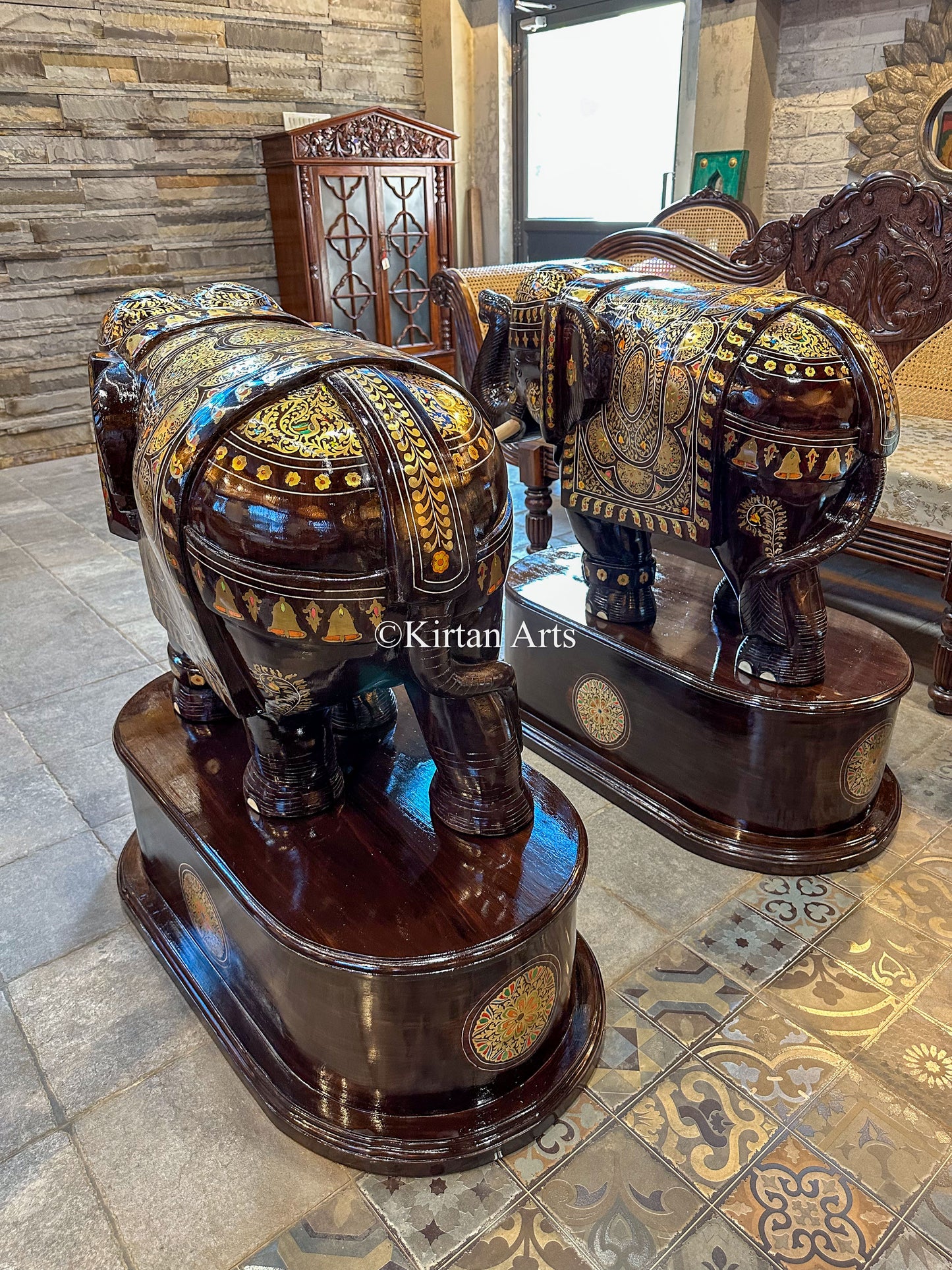 Rosewood Elephants w Pedestal | Brass Inlay | 37" | Pair