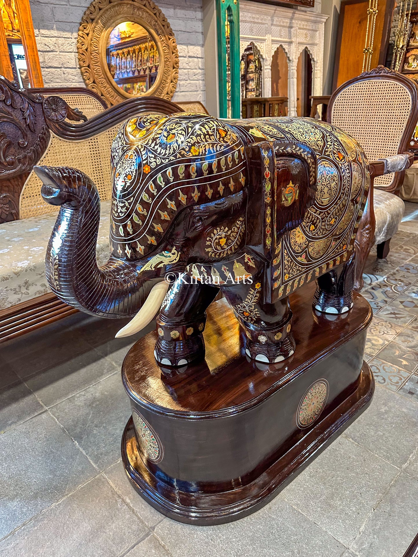 Rosewood Elephants w Pedestal | Brass Inlay | 37" | Pair