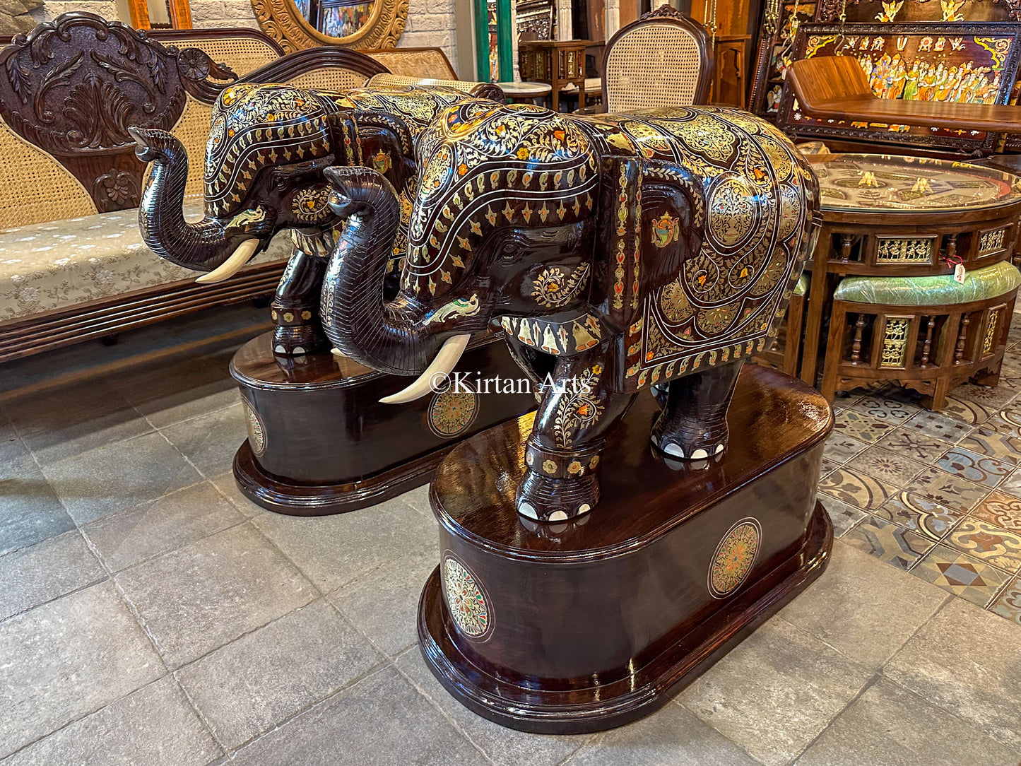 Rosewood Elephants w Pedestal | Brass Inlay | 37" | Pair