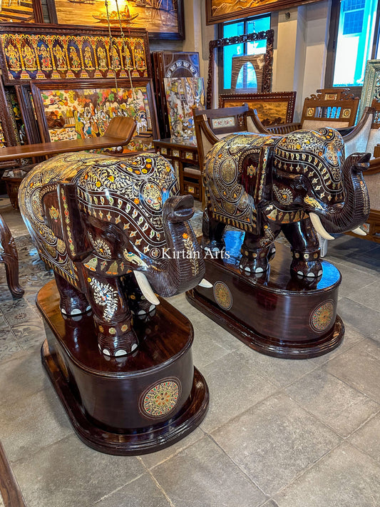 Rosewood Elephants w Pedestal | Brass Inlay | 37" | Pair