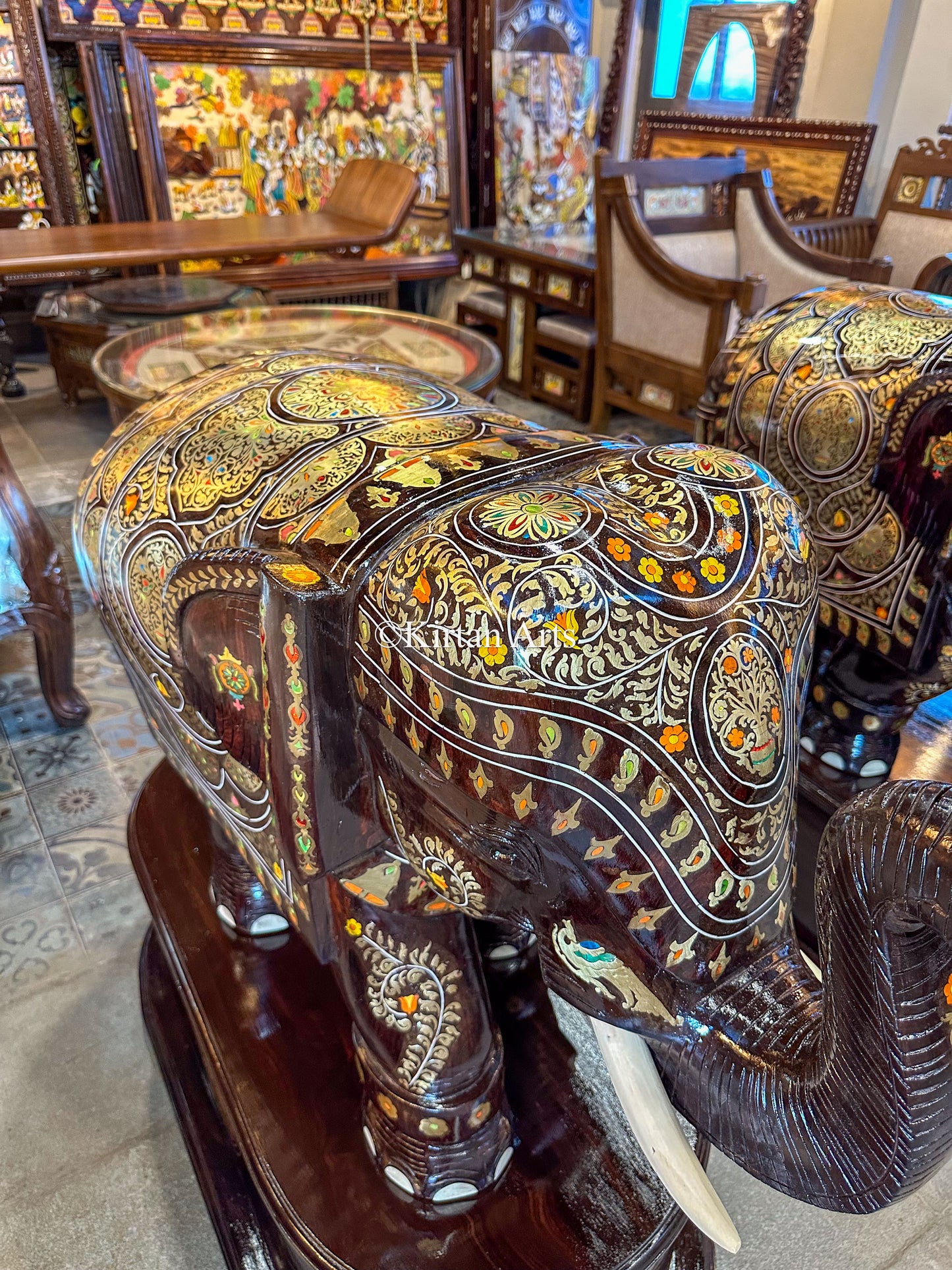 Rosewood Elephants w Pedestal | Brass Inlay | 37" | Pair