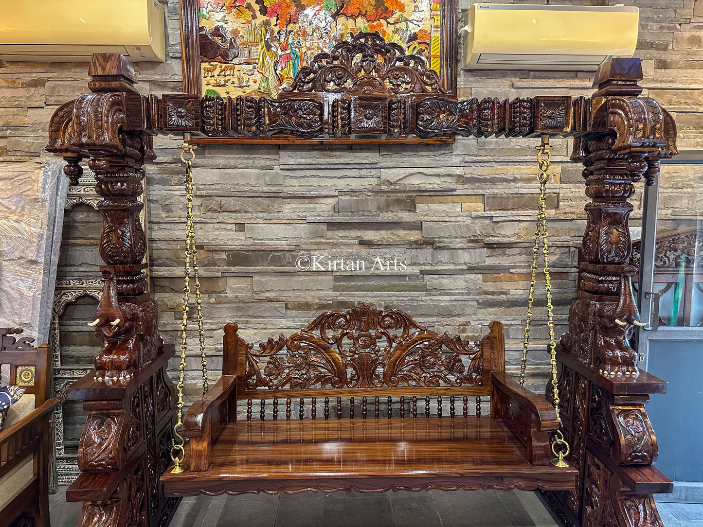 Rosewood Swing/Jhula/ Oonjal | Intricate Carvings| 7x7 ft | Pillars