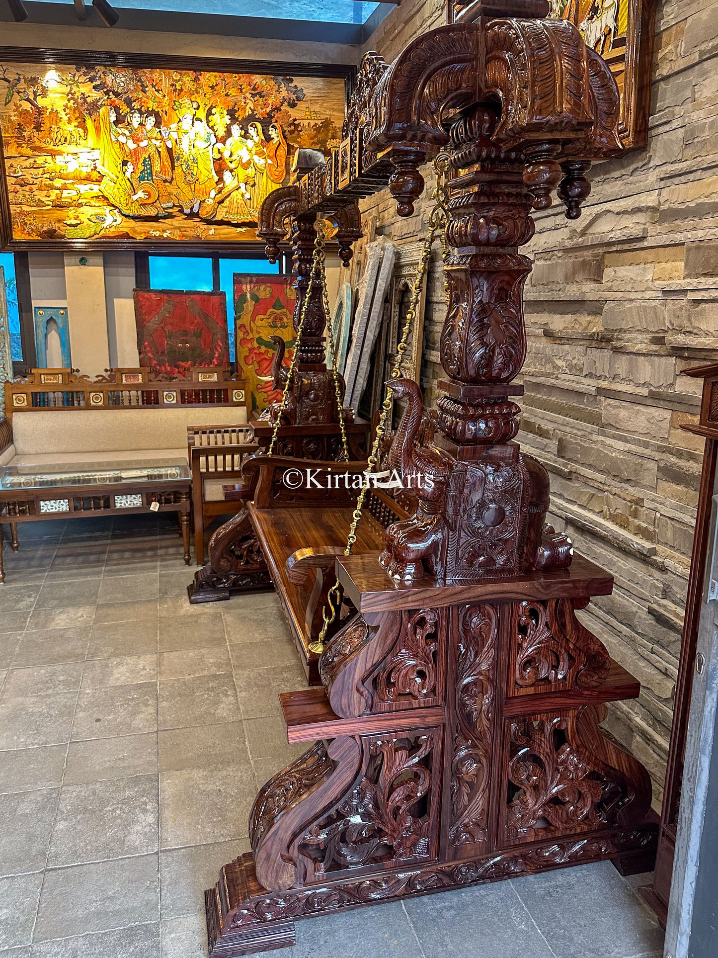 Rosewood Swing/Jhula/ Oonjal | Intricate Carvings| 7x7 ft | Pillars