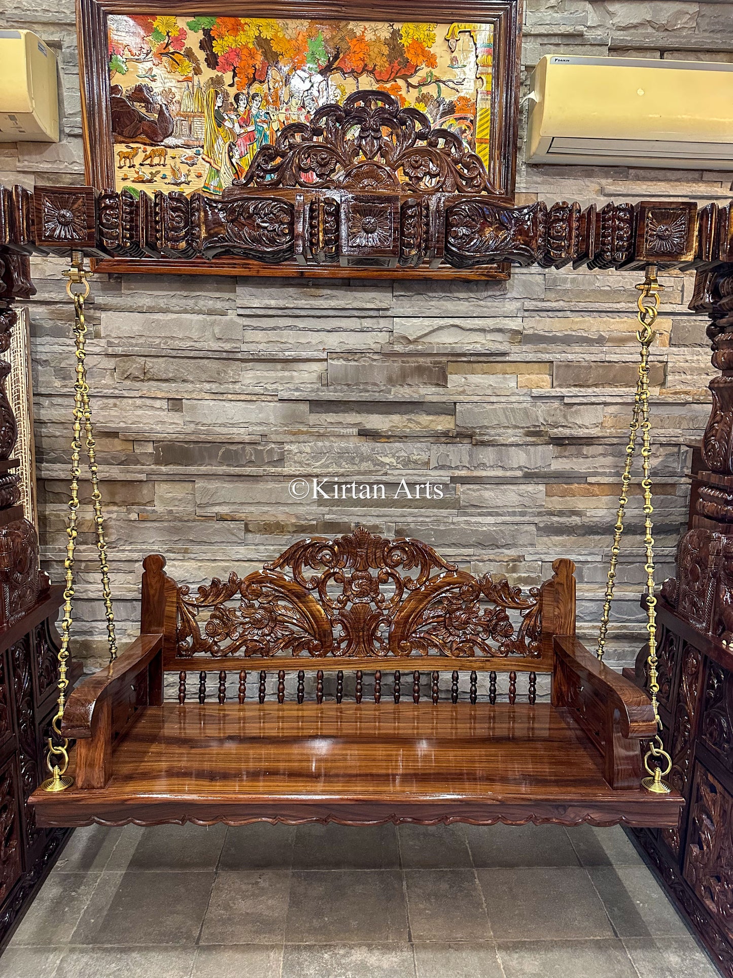 Rosewood Swing/Jhula/ Oonjal | Intricate Carvings| 7x7 ft | Pillars