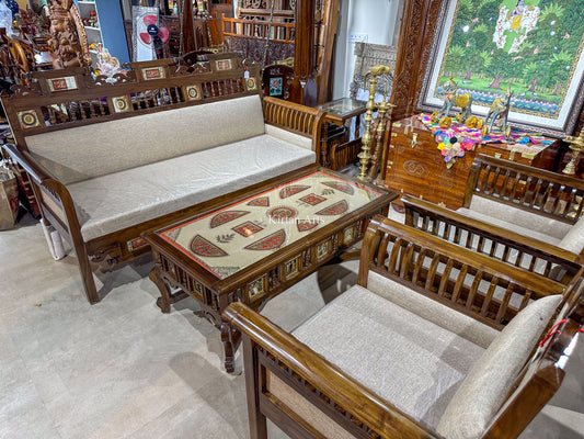 Teakwood Maharaja Art Sofa Set (3+1+1+Center Table) | Dhokra Art
