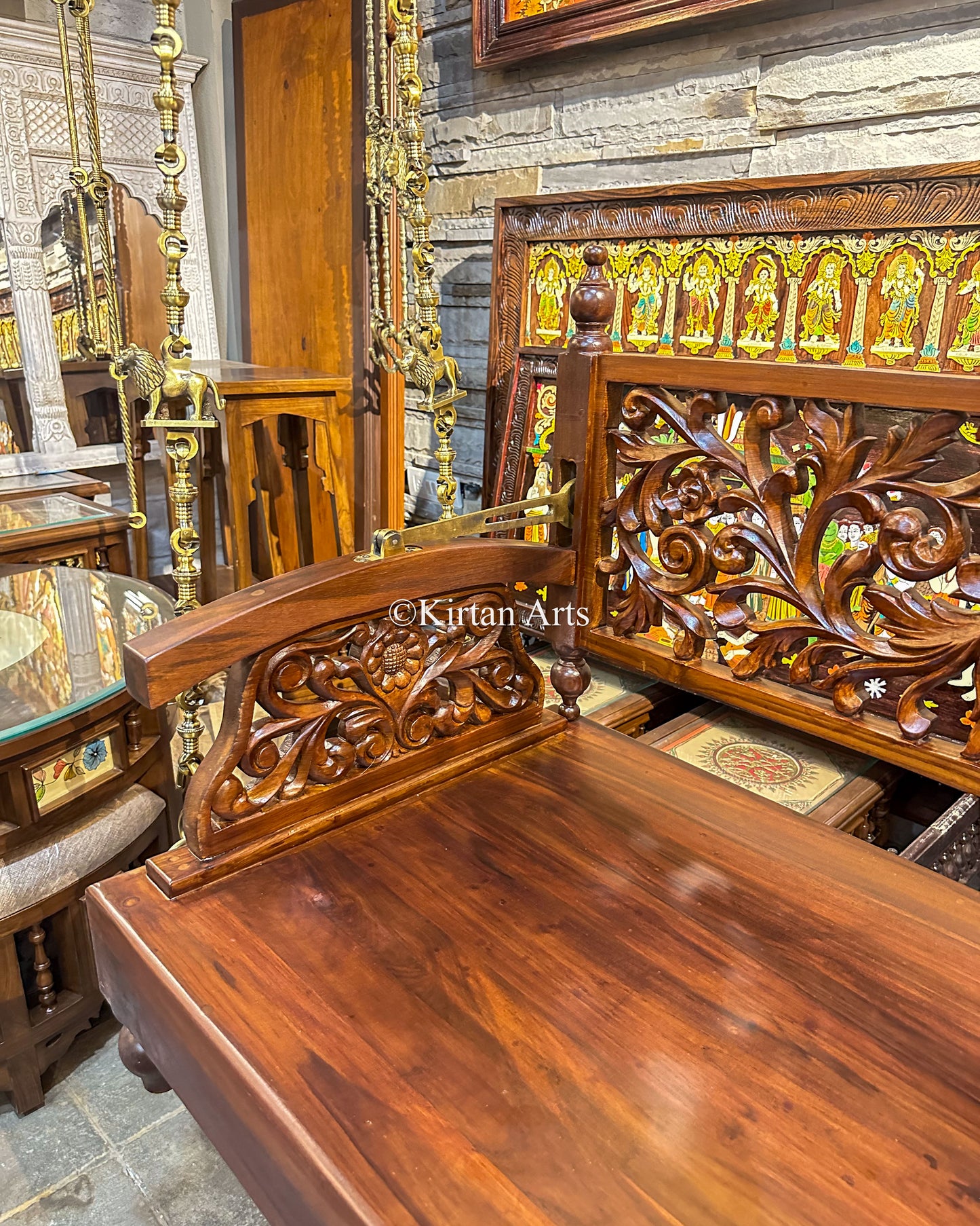 Handcarved Teakwood Swing/Jhula/ Oonjal | Reversible Backrest | 5x2 ft | Intricate Carving