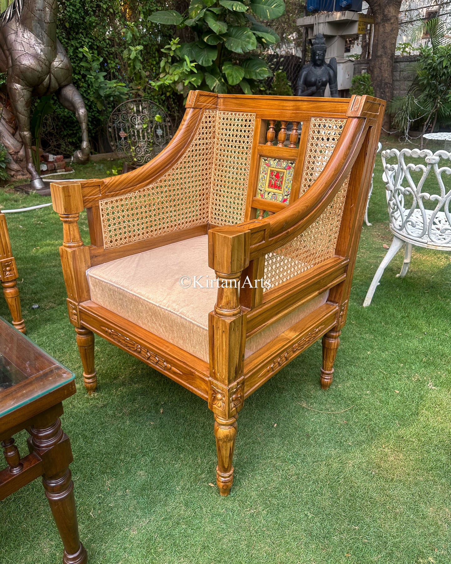 Teakwood Rattan Sofa Set | Dhokra Artwork | 3+1+1 | Orchid