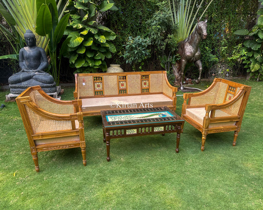Teakwood Rattan Sofa Set | Dhokra Artwork | 3+1+1 | Orchid