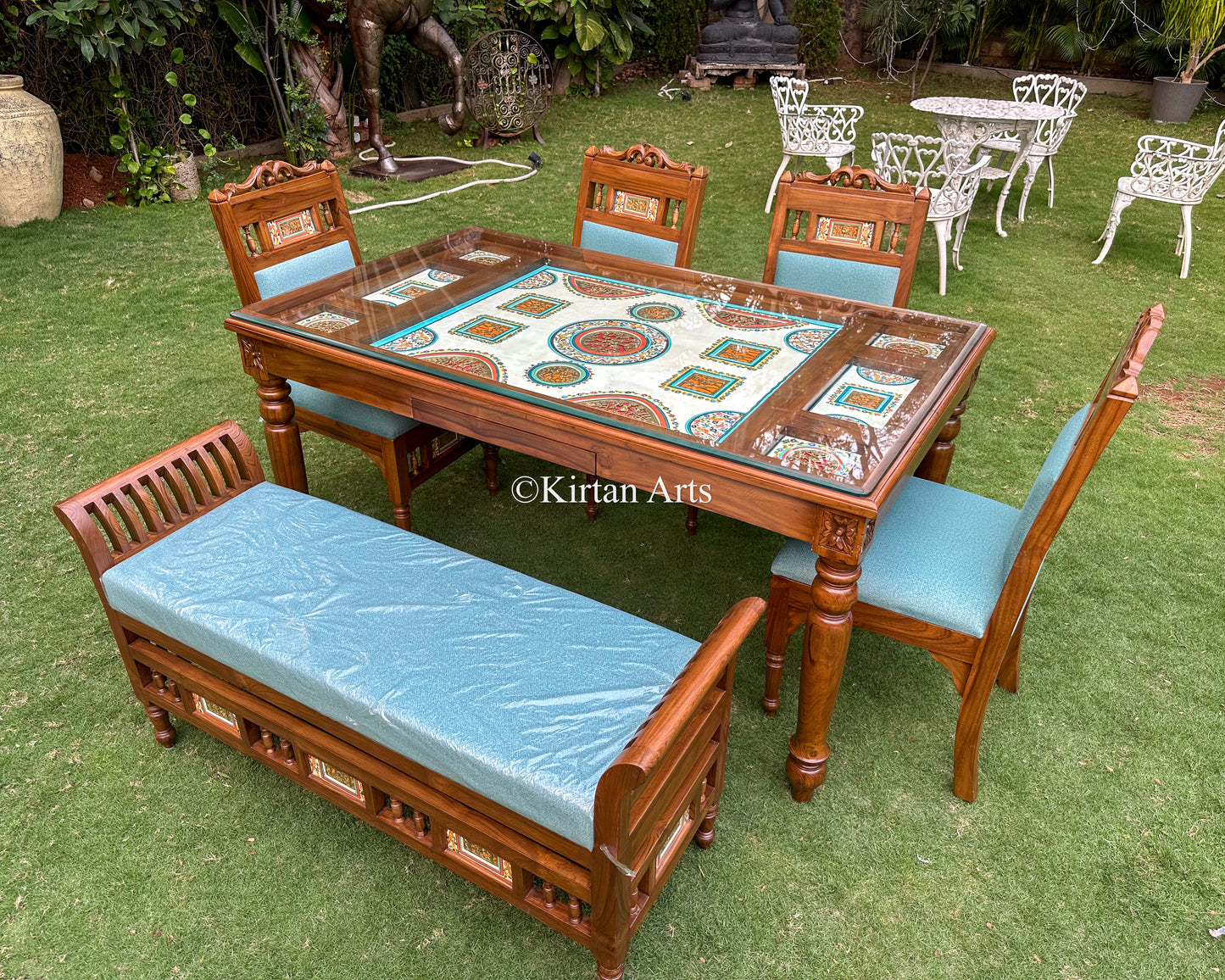 Teakwood Artisan Dining Set | 6 Seater w Bench | Dhokra Artwork