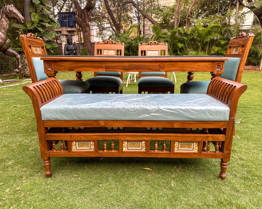 Teakwood Artisan Dining Set | 6 Seater w Bench | Dhokra Artwork