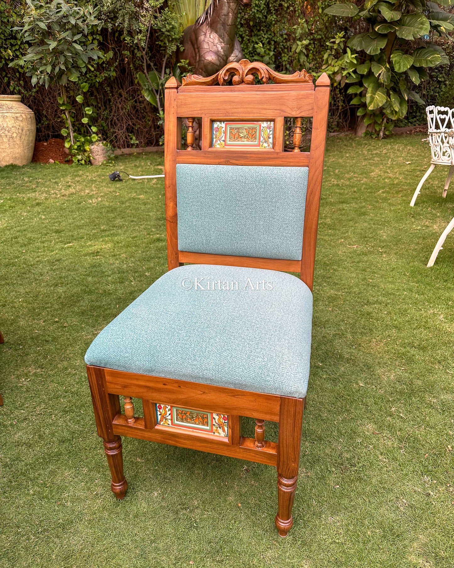 Teakwood Artisan Dining Set | 6 Seater w Bench | Dhokra Artwork