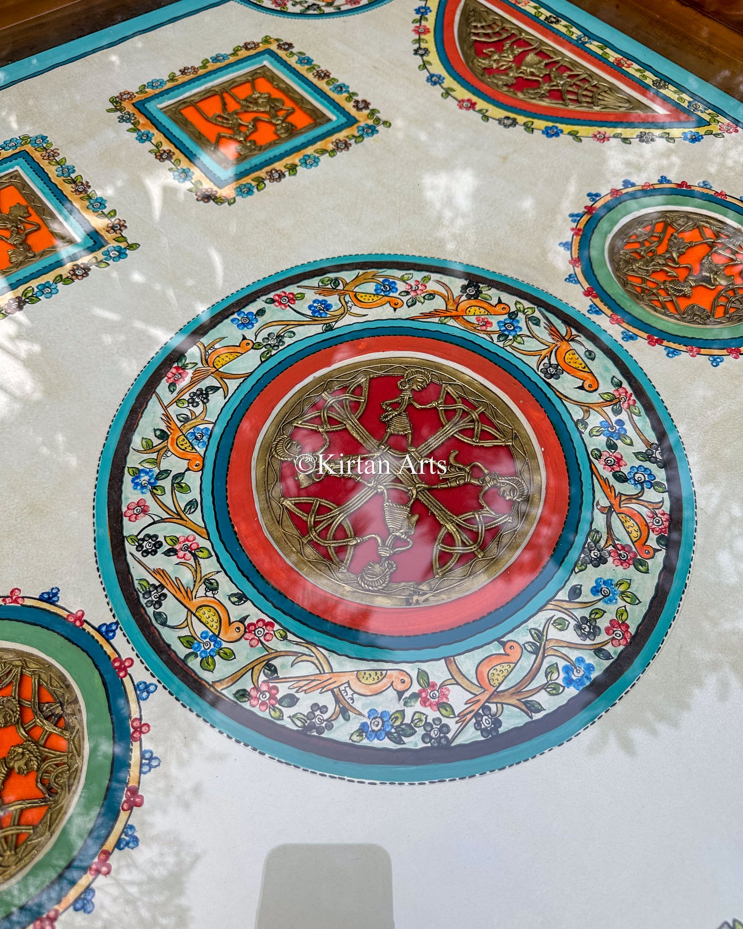 Teakwood Artisan Dining Set | 6 Seater w Bench | Dhokra Artwork