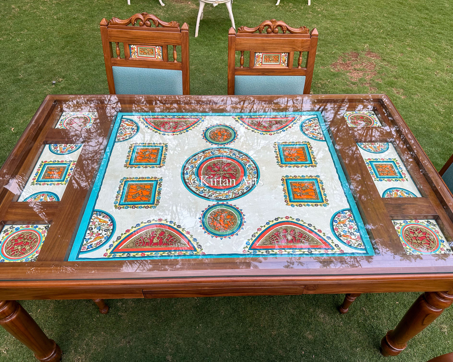 Teakwood Artisan Dining Set | 6 Seater w Bench | Dhokra Artwork