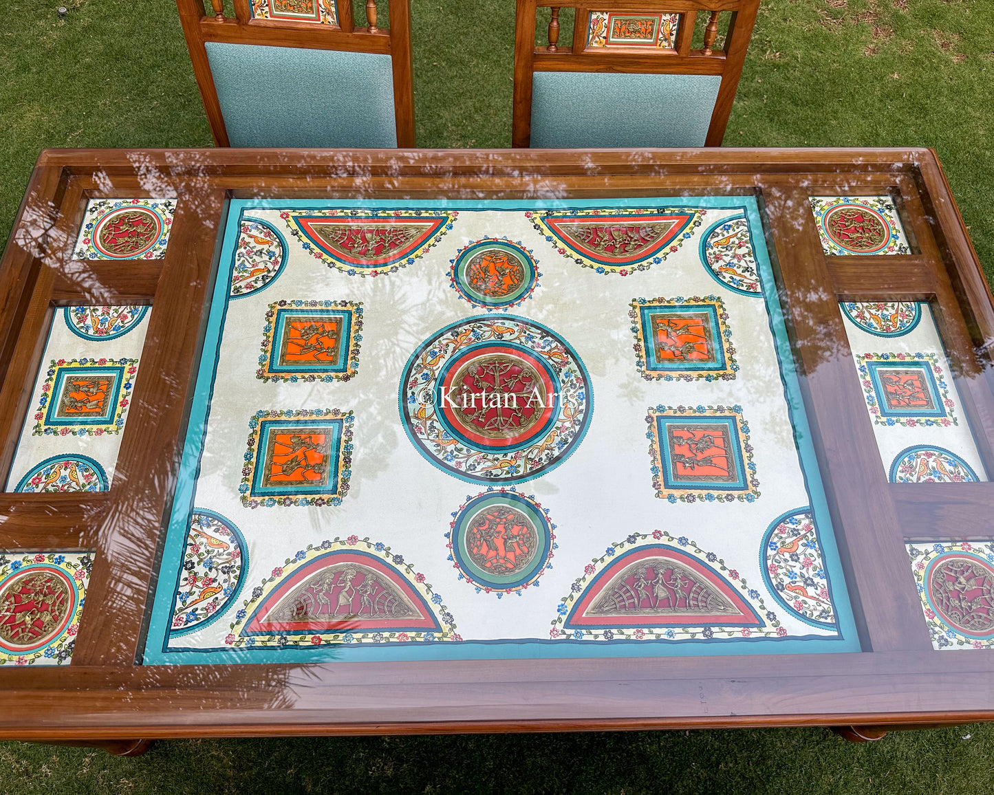 Teakwood Artisan Dining Set | 6 Seater w Bench | Dhokra Artwork