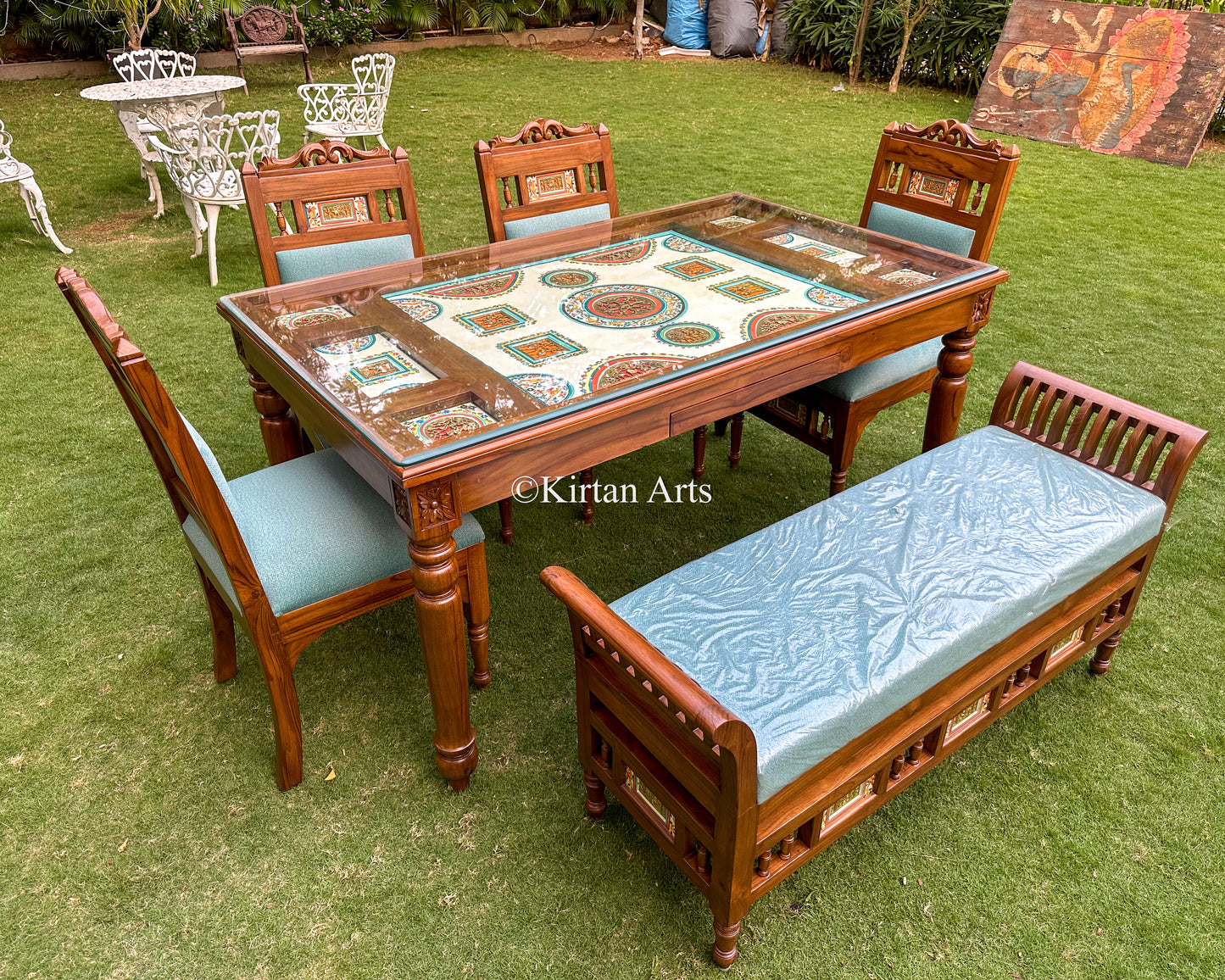 Teakwood Artisan Dining Set | 6 Seater w Bench | Dhokra Artwork