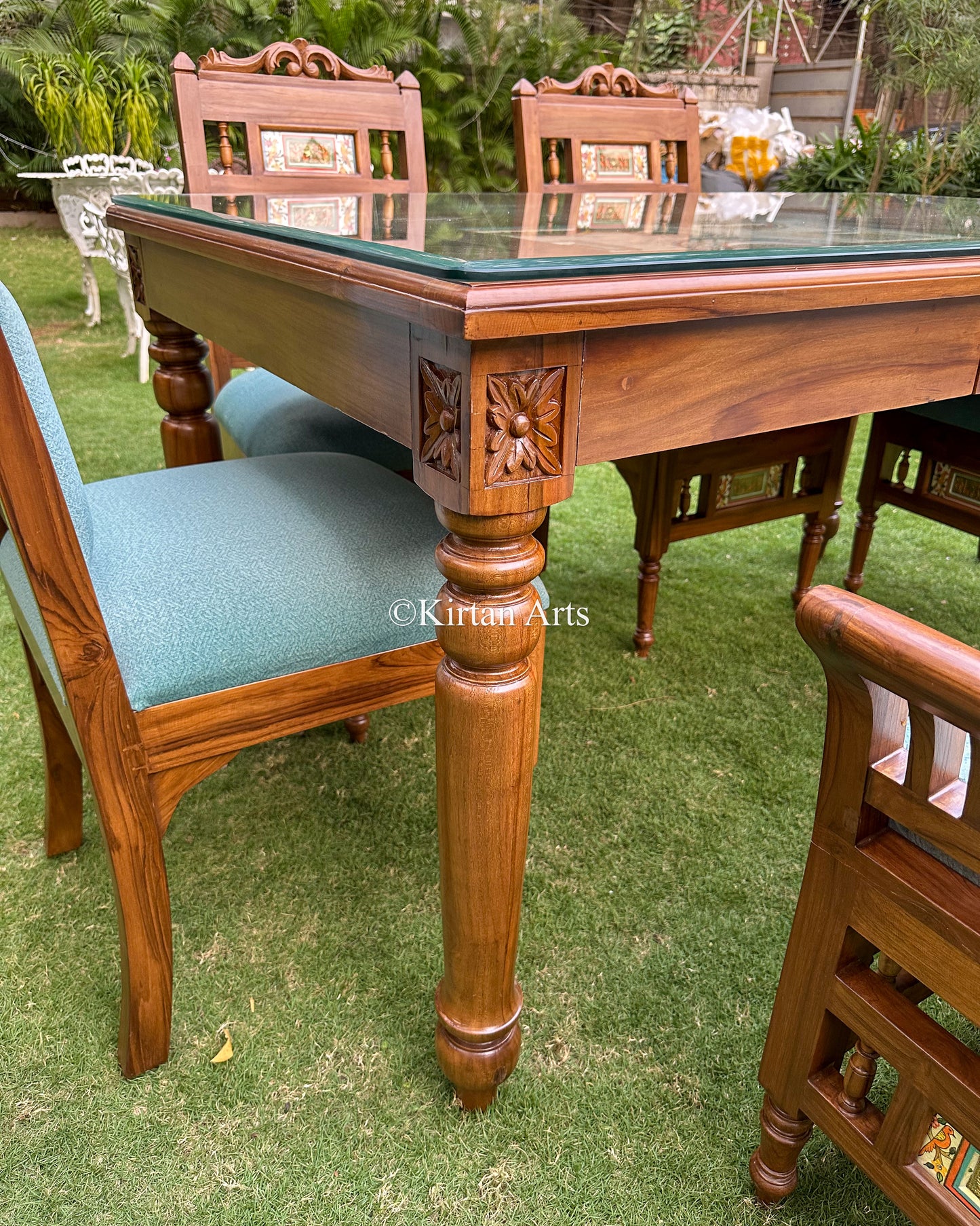 Teakwood Artisan Dining Set | 6 Seater w Bench | Dhokra Artwork