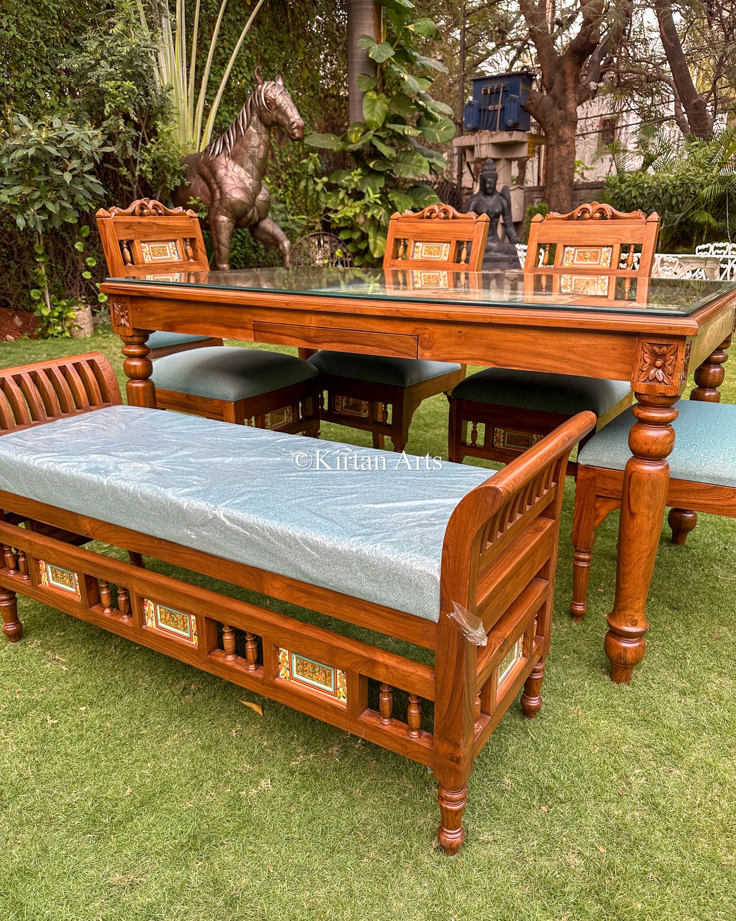 Teakwood Artisan Dining Set | 6 Seater w Bench | Dhokra Artwork