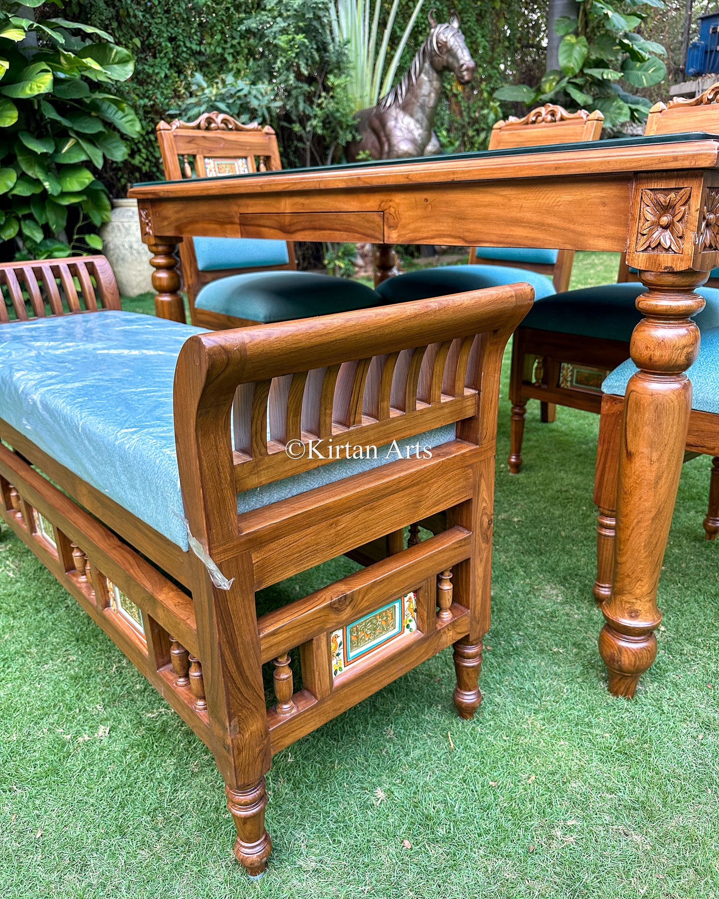 Teakwood Artisan Dining Set | 6 Seater w Bench | Dhokra Artwork