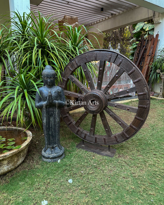 Wooden Wheel on Stand | Rustic Finish