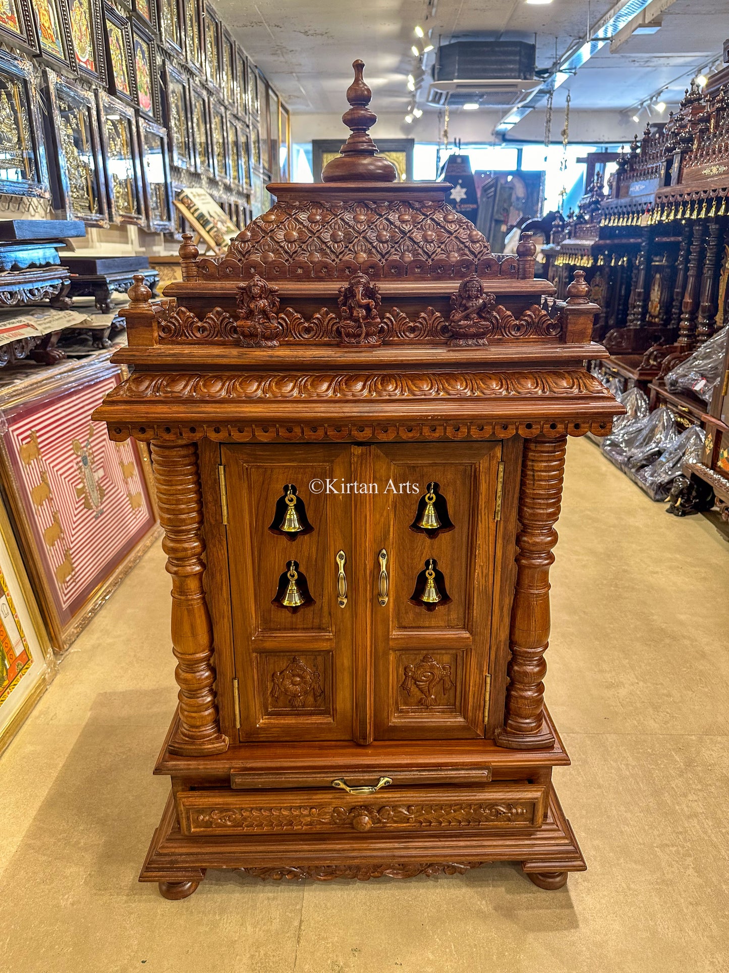 Teakwood Carved Mandir with Doors | 3.5x2x1.5 ft