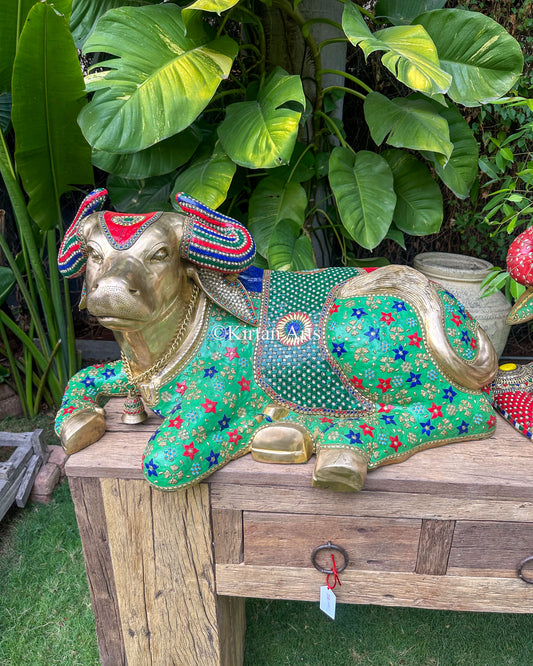 Grand Hand-Finished Brass Nandi Sculpture | 36" | Stonework | Green