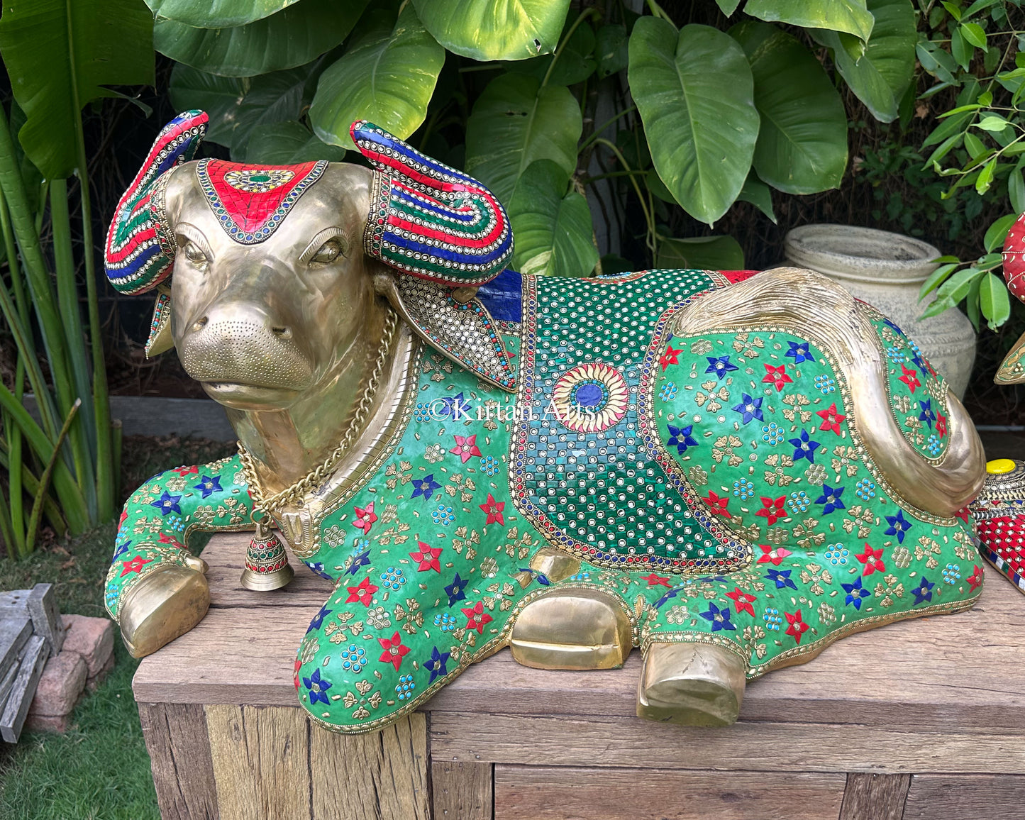 Grand Hand-Finished Brass Nandi Sculpture | 36" | Stonework | Green