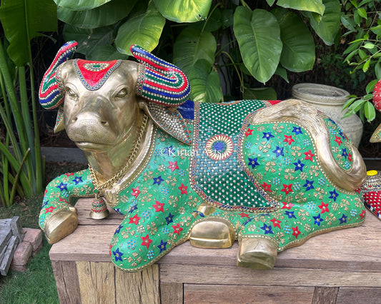 Grand Hand-Finished Brass Nandi Sculpture | 36" | Stonework | Green