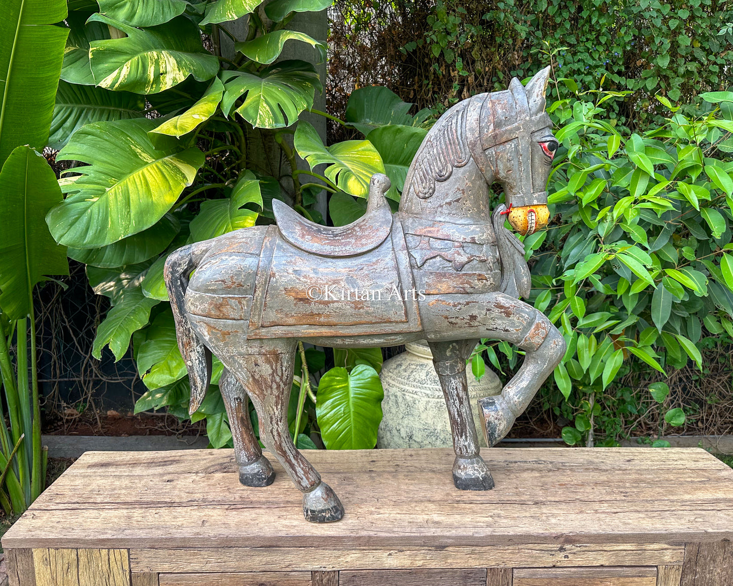 Antique Hand-Carved Wooden Standing Horse | Distress Finish