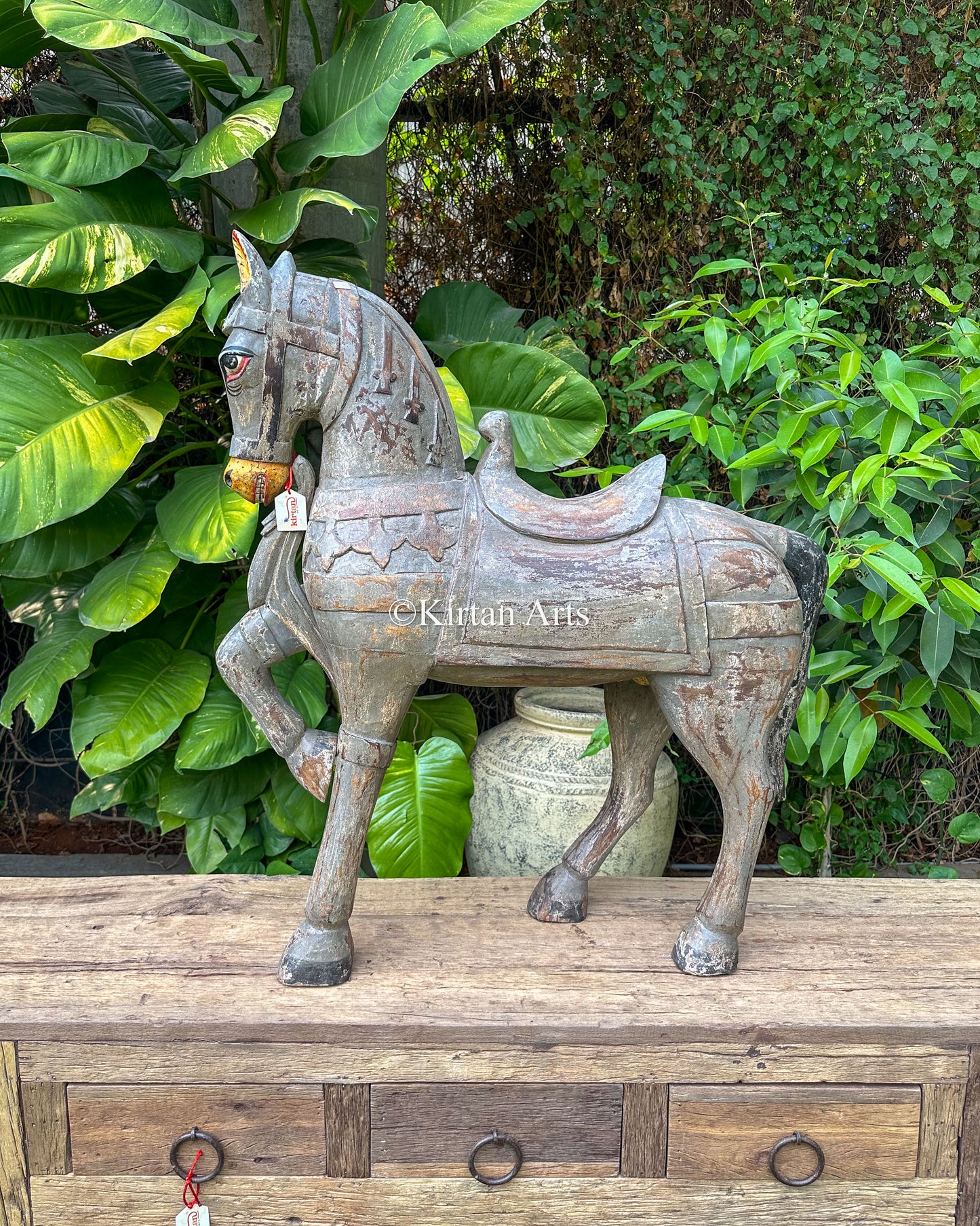 Antique Hand-Carved Wooden Standing Horse | Distress Finish