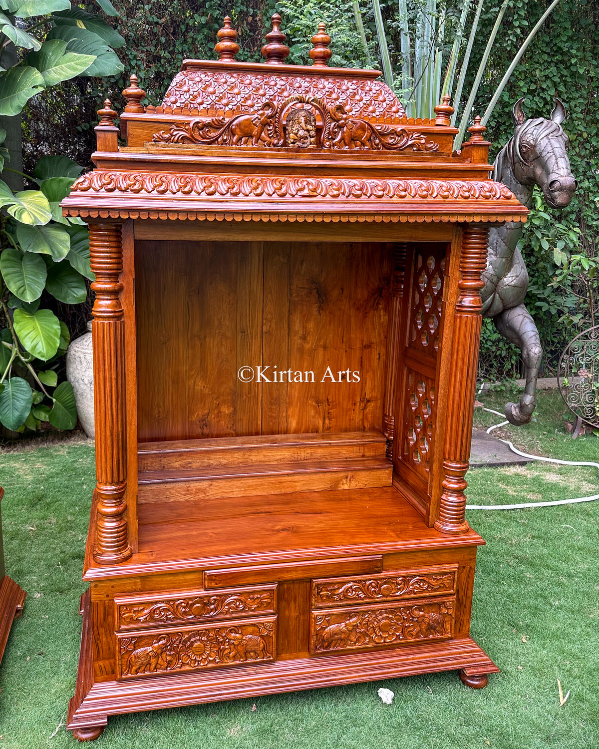 Fine Teakwood Carved Mandir | 6.6x4x2 ft | Walnut Finish