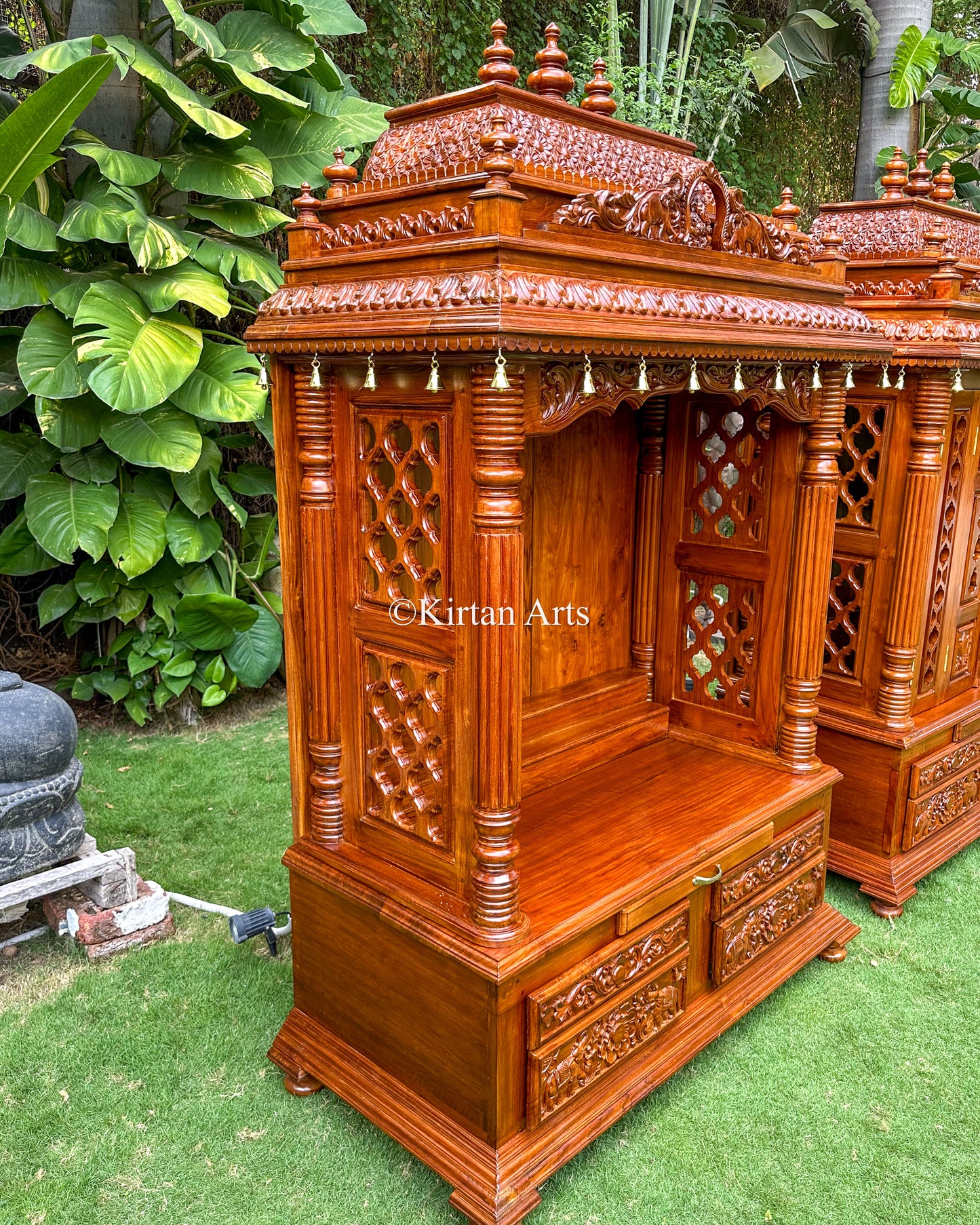 Fine Teakwood Carved Mandir | 6.6x4x2 ft | Walnut Finish