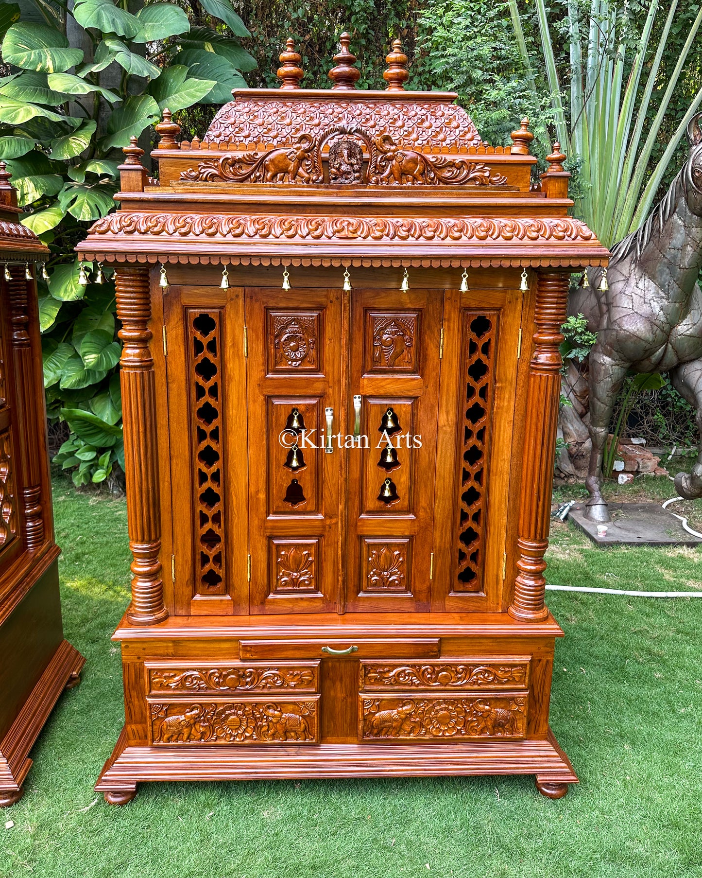Fine Teakwood Carved Mandir with Doors | 6.6x4x2 ft | Walnut Finish