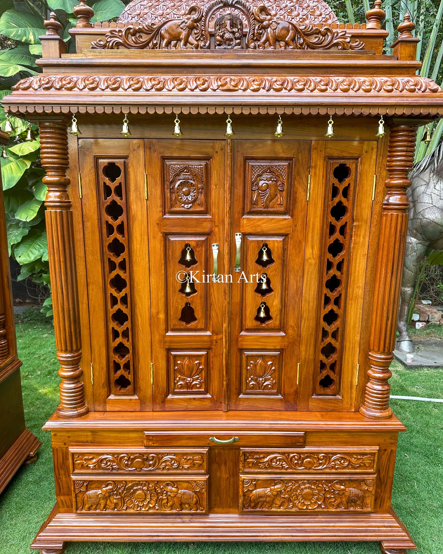 Fine Teakwood Carved Mandir with Doors | 6.6x4x2 ft | Walnut Finish