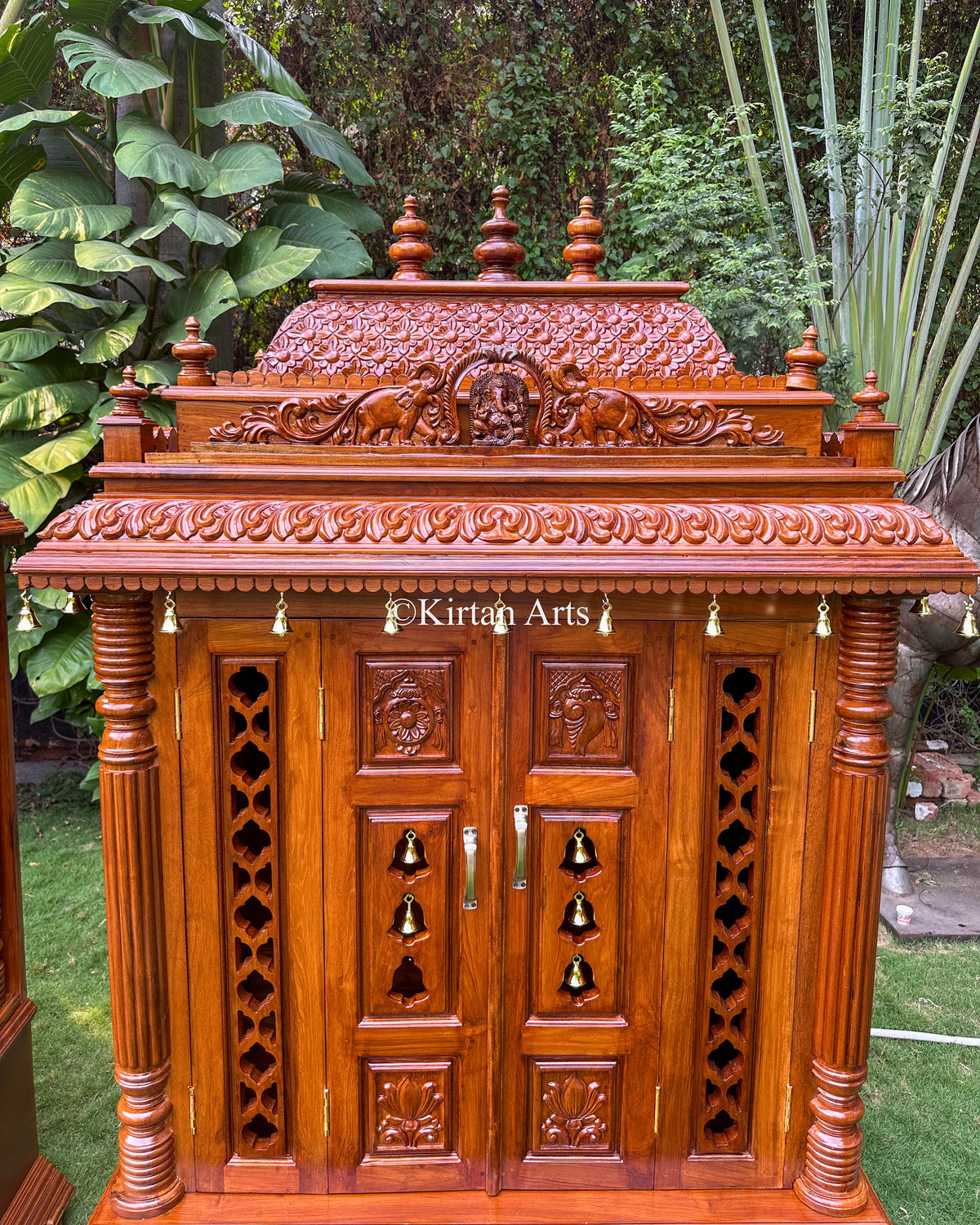 Fine Teakwood Carved Mandir with Doors | 6.6x4x2 ft | Walnut Finish