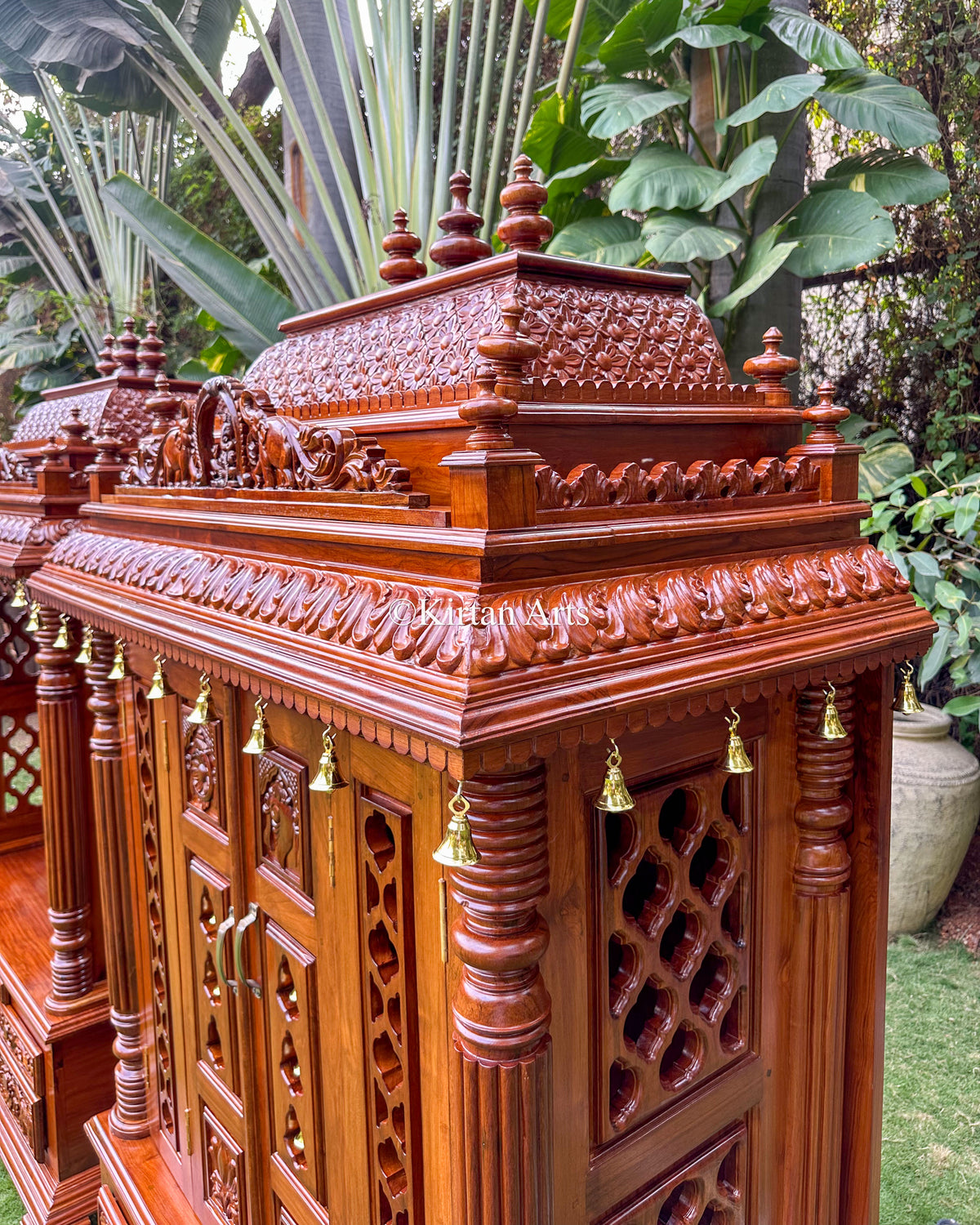 Fine Teakwood Carved Mandir with Doors | 6.6x4x2 ft | Walnut Finish