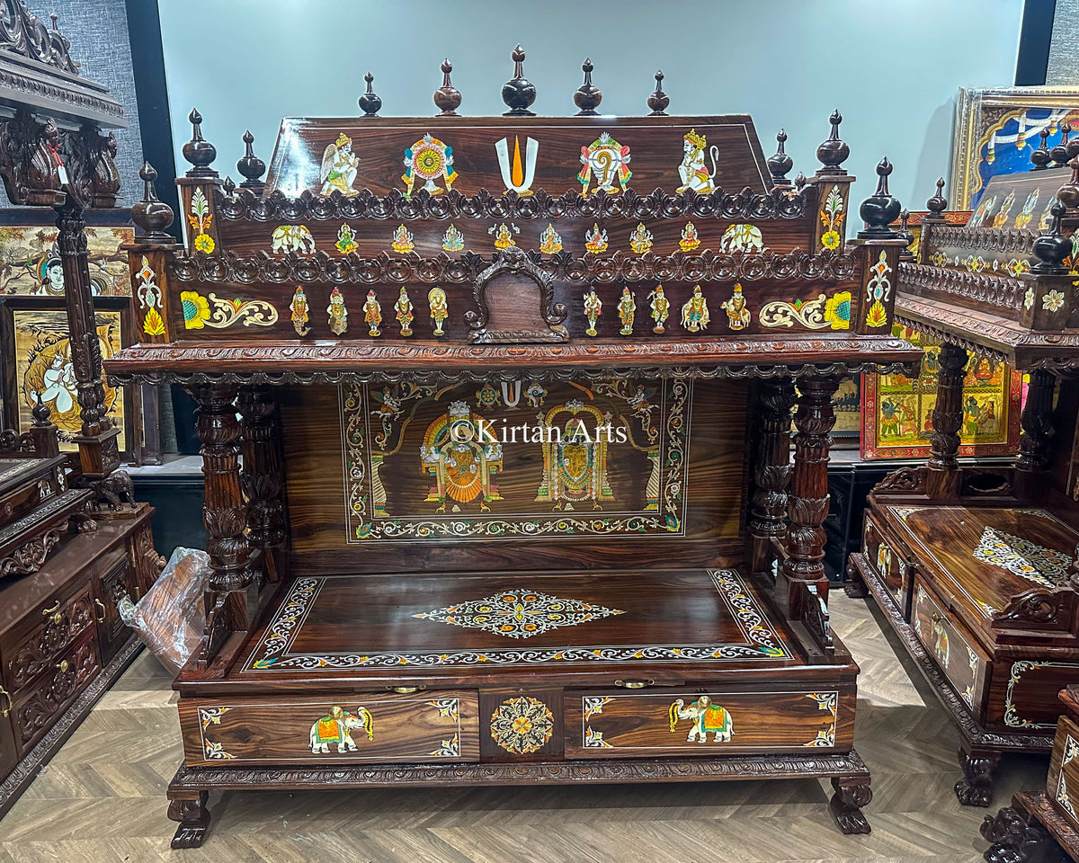 Grand Rosewood Hand-Carved Heritage Pooja Mandir – Intricate Inlay Artistry| 5.5x5x2 ft