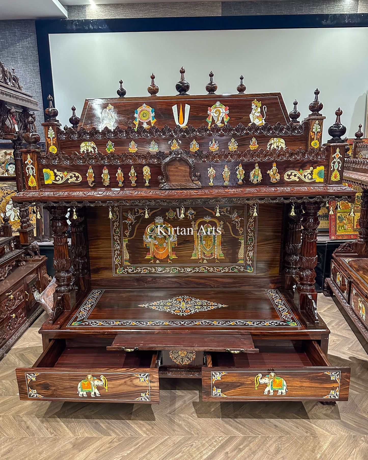 Grand Rosewood Hand-Carved Heritage Pooja Mandir – Intricate Inlay Artistry| 5.5x5x2 ft