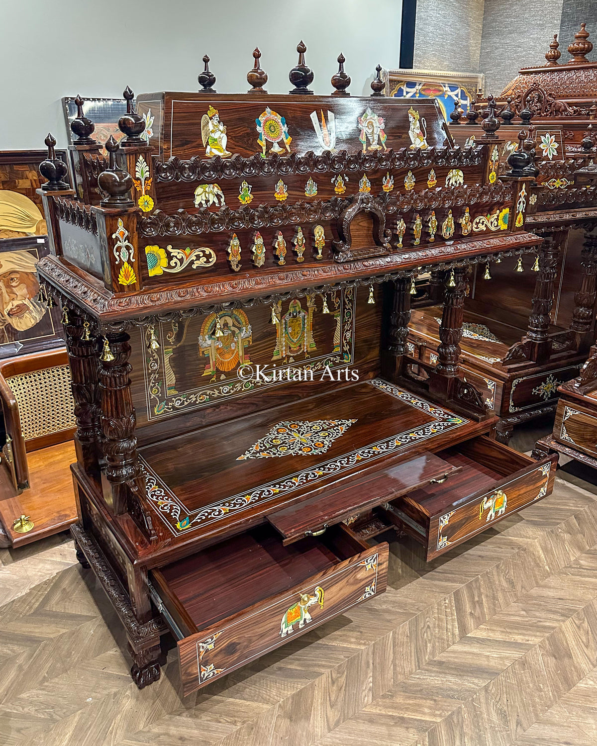 Grand Rosewood Hand-Carved Heritage Pooja Mandir – Intricate Inlay Artistry| 5.5x5x2 ft