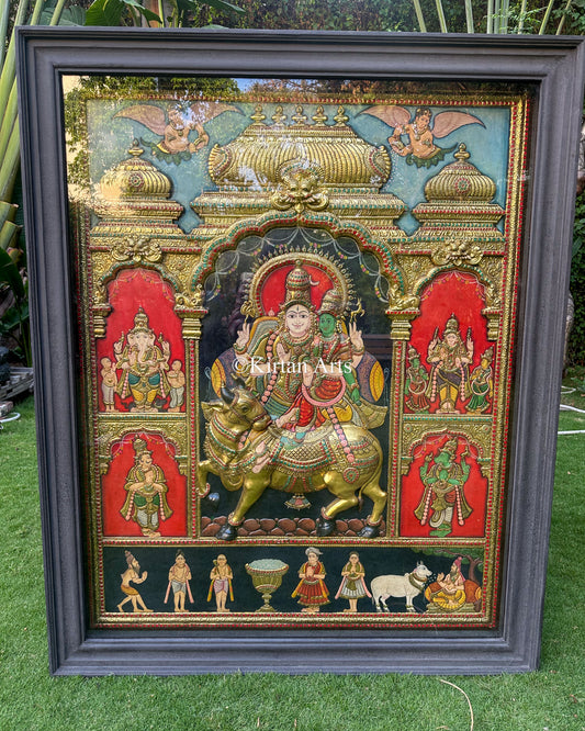 Lord Shiva Pradosham Tanjore Painting | 5.5x4.5 ft | Antique Finish | 3D Embossed Masterpiece