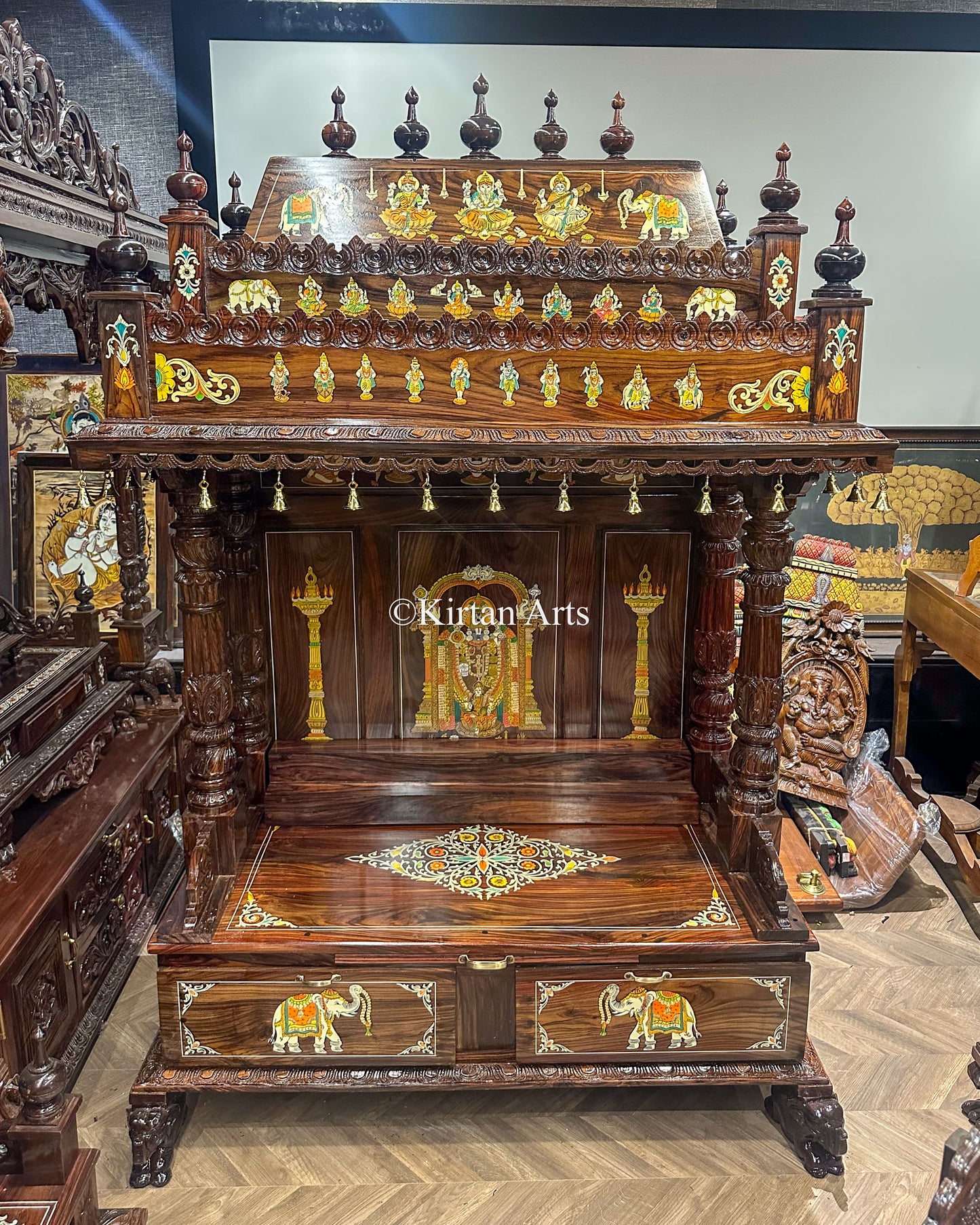 Monumental 6.6ft Hand-Carved Rosewood Mandir – Intricate Inlay | Customisable