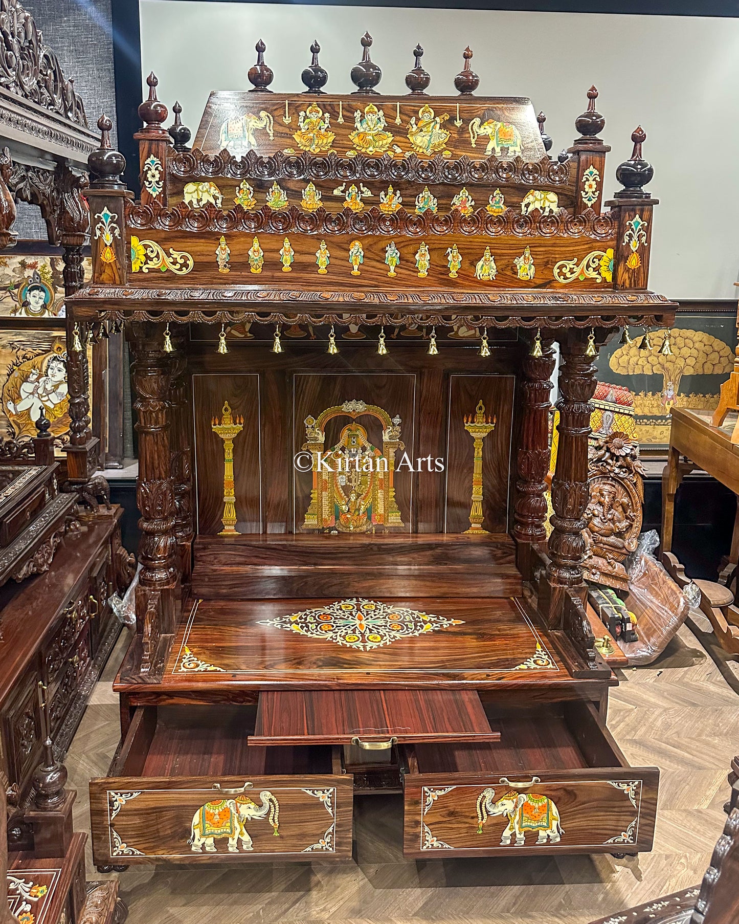 Monumental 6.6ft Hand-Carved Rosewood Mandir – Intricate Inlay | Customisable