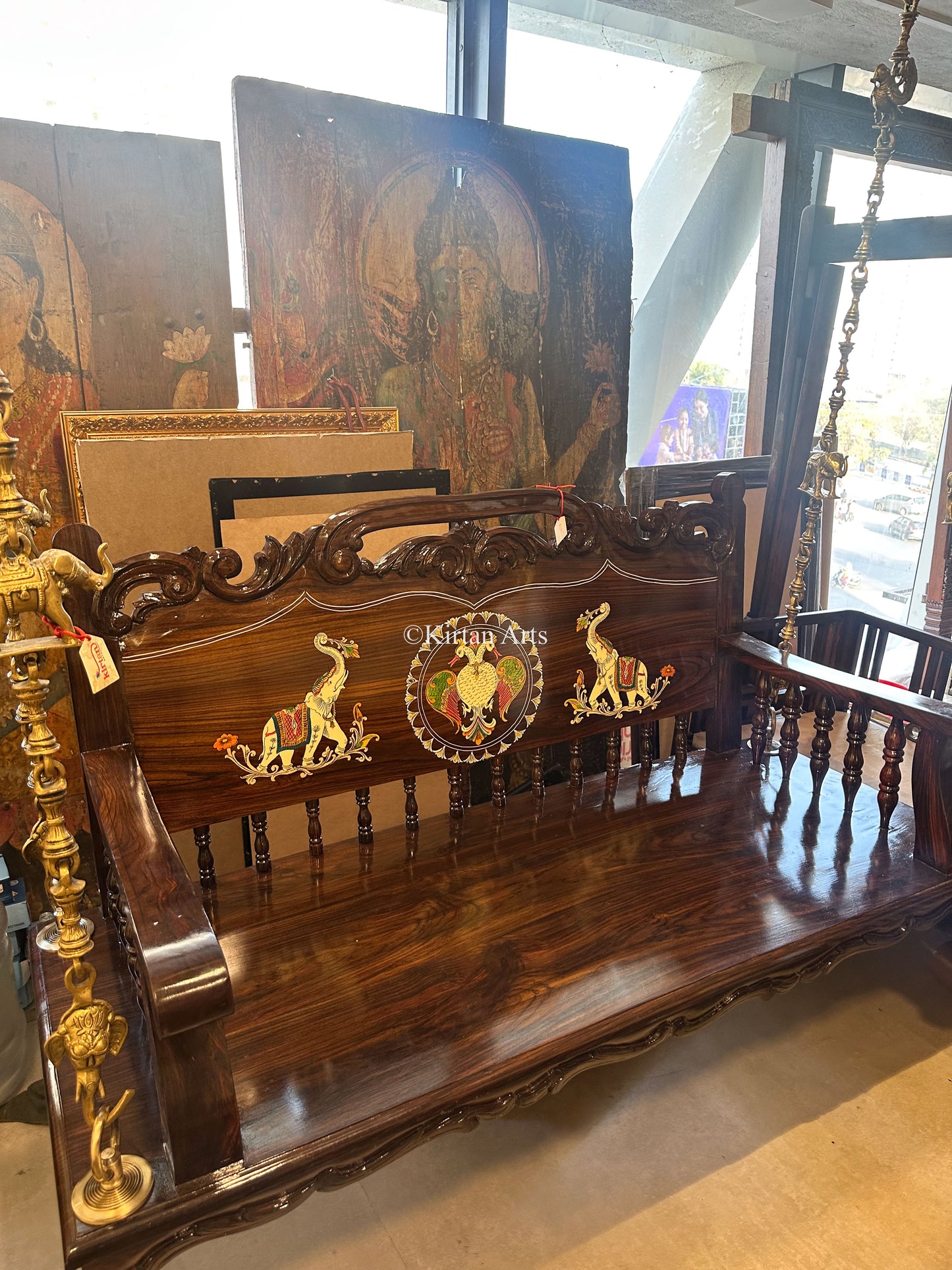 Rosewood Swing/Jhula/ Oonjal w Backrest | 5x2 ft | Elephant Inlay
